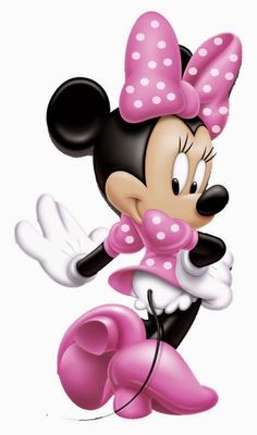 a cartoon minnie mouse with pink polka dots on it's head and arms outstretched