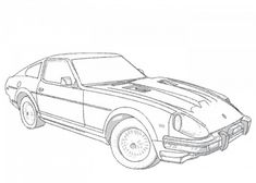 a drawing of a car with stripes on the hood