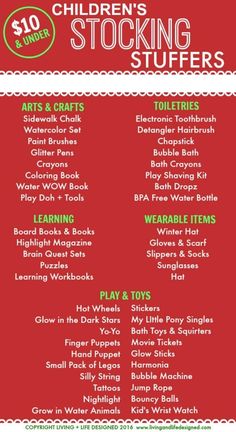 the children's stocking stuff list is shown in red and white with green lettering