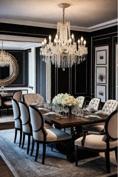 Dining room with contemporary furniture and decor Formal Dining Rooms Elegant, Black Kitchen Table Decor Ideas, Elegant Dining Room Luxury Classy, Modern Formal Dining Room, Chic Dining Room Decor, Black And Gold Dining Room, Modern Classic Dining Room, Dining Room Chair Ideas, Japandi Dining Room Design