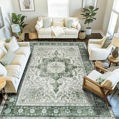 an overhead view of a living room with couches, chairs, and rugs