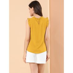 The ruffled sleeveless design would show demure, feminine grace, and also lend shape and texture. Crafted from a lightweight material, it is shaped with an elegant crew neckline, and pleat detailing, and comes in a relaxed cut for easy, breezy wear. This vintage blouse is designed with ruffled trim and solid color, especially for a professional look at work. Yellow Sleeveless Top With Ruffles, Elegant Yellow Sleeveless Blouse, Elegant Sleeveless Yellow Blouse, Sleeveless Solid Color Ruffled Top, Solid Color Sleeveless Top With Ruffles, Solid Ruffled Tank Top, Sleeveless Ruffled Blouse, Ruffled Tank Top For Workwear, Yellow Sleeveless Blouse With Ruffles