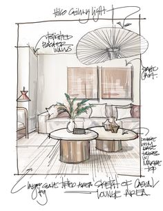 Marker Sketch and Rendering of Interior Living Area with a sofa and tables and large scale artwork. تصميم دورة مياه, Croquis Architecture, Interior Design Sketchbook, Interior Design Student, Furniture Design Sketches, Interior Design Renderings, Interior Architecture Drawing