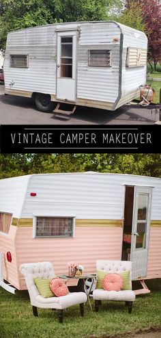 an old trailer converted into a camper makeover with pink and white paint on the side