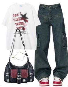 Title: Default Title Outfit With Cargo Jeans, Metro Boomin Concert Outfit, Acdc Concert Outfit, Cute Clothes Outfits, Graphic Tees Outfit, Y2k Fashion Outfits, Cute Y2k Outfits, Outfit Inspo Y2k, Oversized Tee Outfit