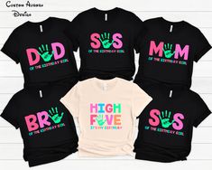 four shirts with different designs on them that say mom, son, daughter and the birthday girl