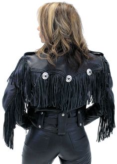 Women's fringe leather jacket made of heavy weight top grain buffalo leather. This cropped leather jacket is also a great black leather motorcycle jacket. A black leather jacket for women that comes with 8" leather fringe on front, back and sleeves. Also comes with decorative conchos on front and back, 2 front pockets, inside chest pocket, zippered cuffs to keep the wind out, zip out lining for cooler weather, and a removable full belt. An exclusive Jamin Leather® Brand. [6#] zip out lining zip Leather Jacket With Fringe, Black Leather Motorcycle Jacket, Black Cowgirl, Fringe Leather Jacket, Cropped Leather Jacket, Leather Jacket Outfits, Fringe Jacket, Leather Shirt, Leather Motorcycle Jacket