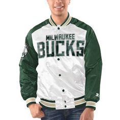 Draw attention to your personal style and Milwaukee Bucks devotion in this Renegade Varsity Satin full-snap jacket from Starter. Its contrast-color design highlights the Milwaukee Bucks team name in big, bold lettering across the front and their official logo on the back. You're sure to feel like an all-star fan when you sport this striking piece of outerwear. Embroidered fabric applique Machine wash, tumble dry low Full Snap Officially licensed One interior slip pocket Long sleeve Material: 100% Polyester Rib-knit collar, cuffs and waist hem with woven stripes Brand: Starter One interior zippered pocket Imported Lightweight jacket suitable for mild temperatures Locker loop inside collar Two front slip pockets Casual Winter Outerwear With Snap Cuffs, Fitted Outerwear With Button Closure For College, Fall Varsity Outerwear With Snap Buttons, Long Sleeve Varsity Jacket With Snap Buttons For Fall, Sporty Snap Button Outerwear For Fall, Sporty Fall Outerwear With Snap Buttons, Sporty Fall Outerwear With Buttons, Collegiate Green Outerwear For Fall, Bold Lettering