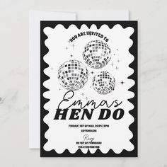 a black and white party card with disco balls