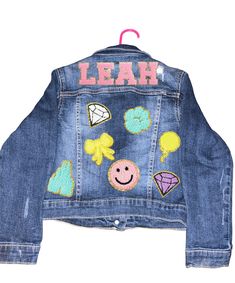 Cute girly iron on Jean jacket with patches. Add personalized name. Customizable Cute Fall Outerwear, Cute Fall Outerwear, Trendy Customizable Outerwear For Spring, Jean Jacket With Patches, Jacket With Patches, Jean Jacket Patches, Kids Jackets, Smiley Face, Kids Jacket