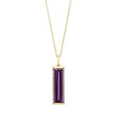 This Madison L Baguette Amethyst Necklace in 14kt Yellow Gold with Diamonds (1/10ct tw) is a classic gift for the one you love. This beautiful necklace features a stunning Madison L Baguette Amethyst pendant suspended from a 14kt yellow gold chain. Explore the gemstone fit for royalty, amethyst Day's is a proud sponsor of the Diamonds Do Good and Diamonds for Peace initiatives. Explore the story of diamonds at Day's Diamonds are certified to be ethically and responsibly sourced Explore the vast Purple Jewelry, Aquamarine Necklace, Garnet Necklace, Yellow Gold Chain, Amethyst Necklace, Amethyst Pendant, Knot Necklace, Sapphire Necklace, Beautiful Necklace