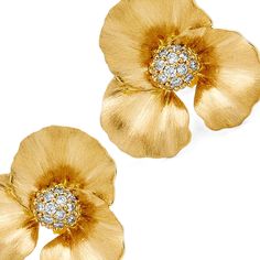 18 karat yellow gold Diamonds 0.30 carats approx. Post backs for pierced ears Length 0.7 inch / Width 0.8 inch approx. Elegant Yellow Gold Clip-on Flower Earrings, Gold Flower Earrings, Earrings With Diamonds, Dogwood Flowers, Gold Champagne, Earring Trends, Flower Stud Earrings, Flower Stud, Diamond Flower