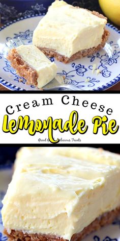 two pictures of lemonade pie on a plate with the title in the middle and bottom