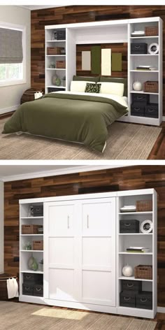 there are two pictures of a bedroom with built - in closets and a bed