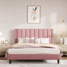 a bedroom with a pink bed and white rugs on the floor, along with two nightstands