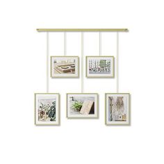 four frames hanging on a wall with different pictures