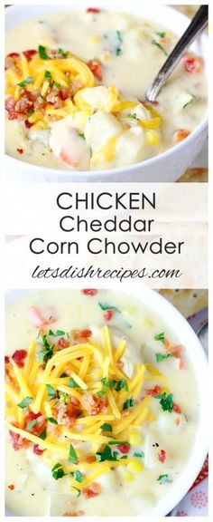 two bowls of chicken cheddar corn chowder with cheese and parmesan