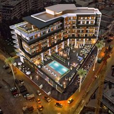 an aerial view of a hotel at night