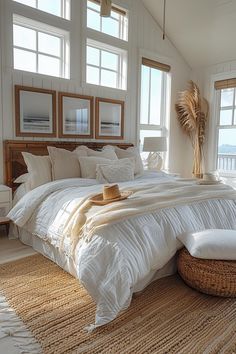 23 Trendy Boho Coastal Bedroom Ideas You Will Love Dark Wood Coastal Bedroom, Coastal Master Suite, Room Ideas Aesthetic Coastal, Vintage Beach Aesthetic Bedroom, Beach House Master Bed, Room Themes Aesthetic, Beachy Bedroom Ideas Coastal Style, Coastal Master Bed, Apartment Themes