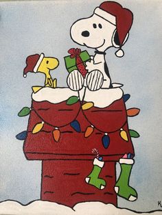 a painting of a snoopy dog on top of a christmas tree with his toys