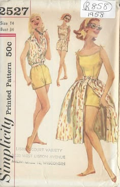 ~ Circa/Date: 1958 ~ Details:  ONE-PIECE PLAY SUIT SKIRT & BLOUSE JACKET  ~ Size/Measurements (Inches):     ~ Size: 14     ~ BUST: 34″     ~ Waist:  26″     ~ Hip: 36″  ~ Please Note: ~ You are buying a 'Professional Reproduced' copy of this sewing pattern. Copied from the original sewing pattern. Produced in Full Scale Pattern Pieces ready to cut with full instructions included. Reproduced on high quality 50 gm paper with black ink, durable and easier for reuse. Printed by a Professional Printing Company.   ~ With this product comes an accompanying 'Booklet' and inside the Booklet it includes: ~ A 2-page Instructions and Illustrations on 'How to Adjust Your pattern to your Personal Measurement.' ~ Personal Measurement Chart ~ Body Form Illustrations ~ Fitting Checklist ~ Metric Equivalenc Playsuit Pattern, Sleeveless Playsuit, Retro Sewing Patterns, Fashion 1950s, Couture Mode, Retro Mode, Skirt And Blouse, Couture Vintage, Vestidos Vintage