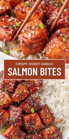 crispy honey garlic salmon bites with white rice and chopsticks