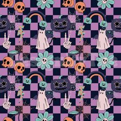 a purple and black checkered background with skulls, flowers, and pumpkins on it