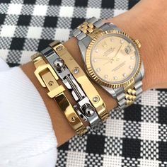 Bracelet Stack With Watch, Designer Bracelet Stack, Bracelet Combos, Gents Kada, Woman Watches, Balance Bracelet, Rolex Women, Dragon Bracelet, Designer Bracelet