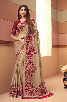 Taupe & Maroon Designer Embroidered Silk Wedding Saree-Saira's Boutique Carry Bag Design, Fancy Sarees With Price, Half And Half Saree, Classic Saree, Indian Wedding Sarees, Ethnic Clothes, Gudi Padwa, Alphabet Letters Design, Kashmiri Shawls