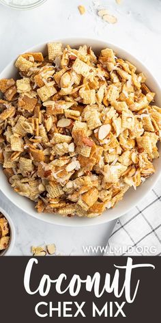 a white bowl filled with coconut chex mix