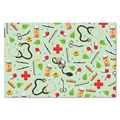 a blue medical themed placemat with red cross and nurse's tools on it