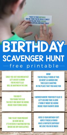 a birthday scavenger hunt is shown with the words, free printables and instructions