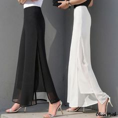 Olivia Mark - Elegant High-Waisted Pants and Skirts Chiffon Pants, Split Pants, Trousers Casual, Long Trousers, Crop Top Blouse, Cutout Dress, Side Split, High Waisted Trousers, Straight Pants