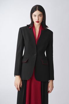 Crafted with premium poly silk, this blazer exudes elegance and refinement. Its A-line design and flap pockets add a touch of exclusivity to your wardrobe, perfect for any fashion-savvy individual looking to make a statement. Silk Blazer, Mean Blvd, Line Design, Flap Pocket, Online Fashion, Latest Fashion Trends, Black Red, A Line, Black And Red