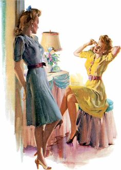 two women in dresses are talking to each other