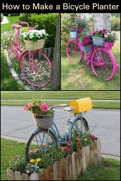 an old bicycle is painted pink and has flowers in the basket