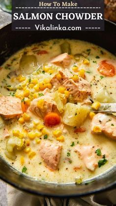 salmon chowder with corn and carrots in a skillet on top of a table