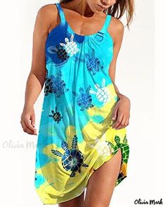 OliviaMark - Robe de plage à bretelles spaghetti imprimée en 3D numérique de haute qualité avec col en U et motif vibrant Turtle Cartoon, Sea Turtle Print, Casual Beach Dress, Printed Beach Dresses, Suspender Dress, U Neck, Polyester Dress, Casual Chic Style, Fashion Colours