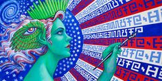 a painting of a woman holding a paintbrush in front of an american flag background