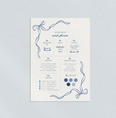 a blue and white wedding program with ribbons