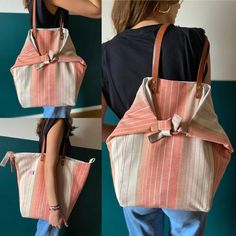 a woman carrying a pink and white striped handbag with straps on the front, two pictures side by side