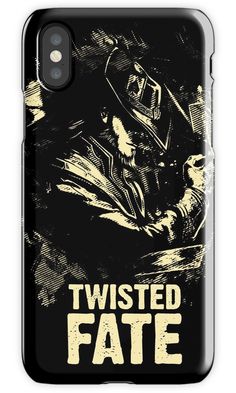 an iphone case with the words twisted fate on it and a man in a hat