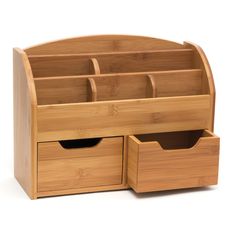 a wooden desk organizer with drawers and dividers