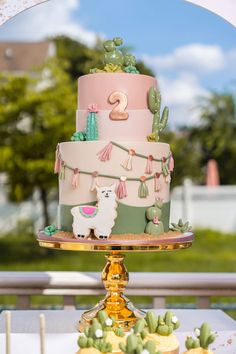 a three tiered cake sitting on top of a table