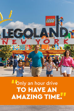 people walking in front of a legoland sign with the words, only an hour drive to have an amazing time