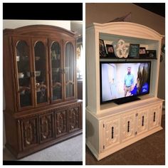 two pictures side by side one shows a tv and the other shows a china cabinet