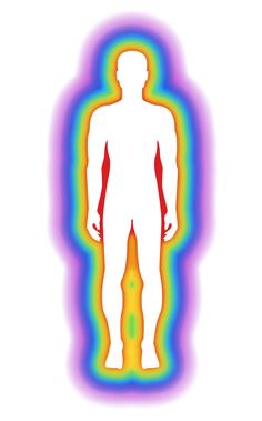 an image of a man standing in front of a rainbow colored background with the shape of a human's body