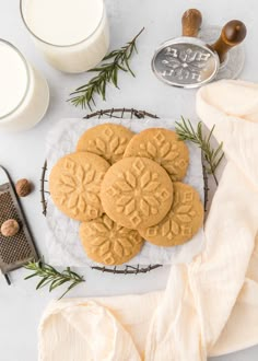 some cookies are sitting on a plate next to milk