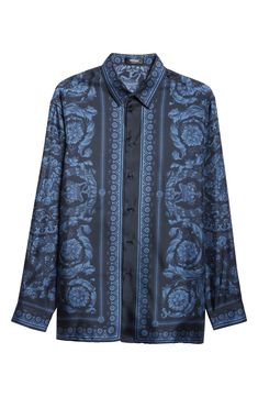 Ornate filigree brings Versace's quintessential baroque glamour to a shirt crafted in Italy from polished silk. 30" length (size 38 US / 48 EU) Front button closure Point collar Long sleeves with button cuffs 100% silk Dry clean Made in Italy Designer Clothing Designer Silk Shirt With Spread Collar, Luxury Long Sleeve Silk Shirt, Luxury Blue Long Sleeve Tops, Luxury Long Sleeve Evening Shirt, Luxury Silk Blouse With Spread Collar, Luxury Blue Long Sleeve Shirt, Luxury Long Sleeve Blue Shirt, Luxury Silk Tops With Spread Collar, Luxury Silk Top With Spread Collar