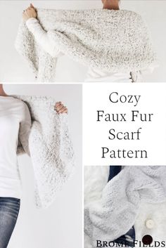 the cozy faux fur scarf pattern is shown in three different pictures, including one with an open